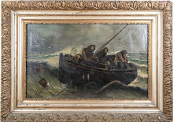 Late 19th Century 'Fishermen In Dory' Oil On Canvas Signed H.B. Jones