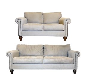 Bauhaus Furniture Sofa & Loveseat - Herringbone Fabric With Rolled And Nail Head Arms Set On Bulbous Wood Feet