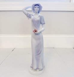 Vintage Hollohaza Porcelain Hungary Figurine Of Woman In Blue Dress Holding Flowers