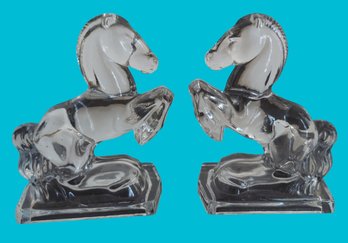Vintage Pair Large  7 3/4' L.E Smith Rearing Horse Glass Bookends