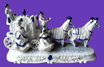 Large Vintage Porcelain Horse Drawn Royal Carriage With Courting Couple