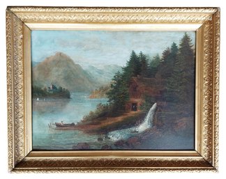 Antique 19thc Folk Art Hudson River School Oil Painting