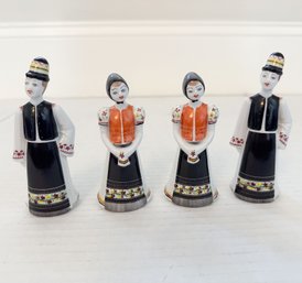 4 Rare  Vintage Hollohaza Hand Painted Porcelain Figurines Matyo Girls And Boys, Hungary