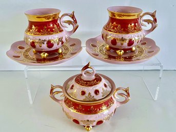 Pirkenhammer Czech Porcelain Set: 2 Cups/saucers & Covered Sugar Bowl Gorgeous Colors!!!