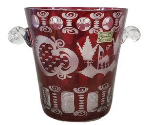 Egermann Czech Bohemian Flashcut Cranberry To Clear Cut Glass Small Ice Bucket