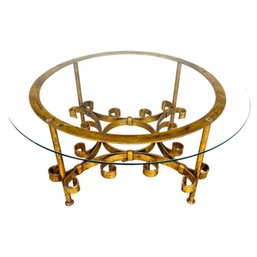 Elegant Hand Forged Iron Parcel-gilt  Glass Top Cocktail Table Designed In The Manner Of Gilbert Poillerat