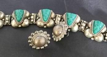 Sterling Silver And Chrysoprase Bracelet With Post Earrings