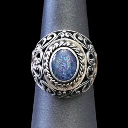 Vintage Sterling Silver Fire Opal Floral Scroll Ring, Size 8