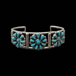 Gorgeous Vintage Native American Sterling Silver Turquoise Needlepoint Cuff Bracelet