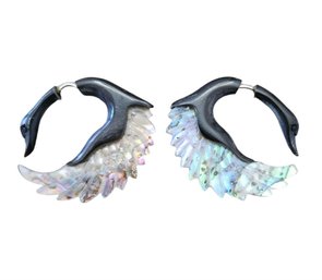 Amazing Black Enamel Abalone Shell Swan Hoop Earrings