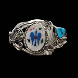 Incredible Native American Sterling Silver Mother Of Pearl Thunderbird Turquoise Cuff Bracelet