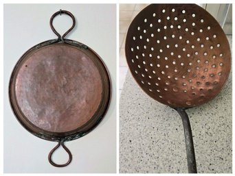 Antique 19th Century Hand Forged Wrought Iron And Copper Skimmer/ladle & Skillet/pot With Loop Handles