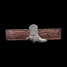 Vintage HICKOK Sterling Silver Hand Tooled Leather Cowboy Boot Clip