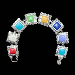 Beautiful Vintage Sterling Silver Multi Color Inlay Link Bracelet