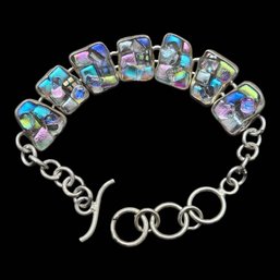 Beautiful Vintage Mexican Sterling Silver Dichoric Glass Link Bracelet