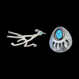 Vintage Native American Sterling Silver Roadrunner Bear Claw Turquoise Brooch/Pendant Lot