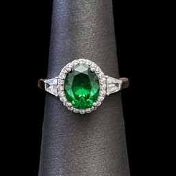 Vintage Sterling Silver Emerald Clear Stones Ring, Size 7