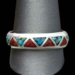 Vintage Native American Sterling Silver Turquoise Coral Inlay Ring, Size 12.5