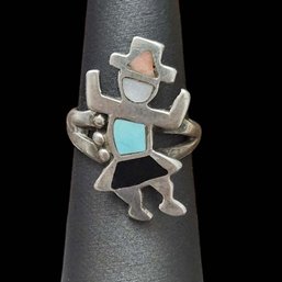 Vintage Native American Sterling Silver Multi Color Inlay Ring, Size 6