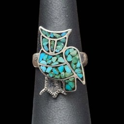 Vintage Sterling Silver Turquoise Inlay Owl Ring, Size 6.5