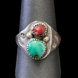 Vintage Native American Sterling Silver Turquoise Coral Ring, Size 9.5