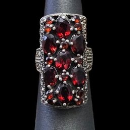 Gorgeous Vintage Sterling Silver Garnet Marcasite Ring, Size 6