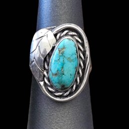 Vintage Native American Sterling Silver Turquoise Feather Ring, Size 7.5