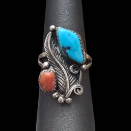 Vintage Native American Sterling Silver Turquoise Coral Ring, Size 7