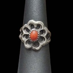 Vintage Native American Sterling Silver Coral Ring, Size 6.5