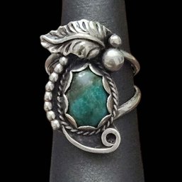 Vintage Native American Sterling Silver Turquoise Cabochon Feather Ring, Size 5.5