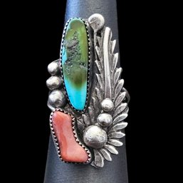 Vintage Designer Native American Sterling Silver Turquoise Coral Ring, Size 8