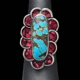 Gorgeous Vintage Native American Sterling Silver Turquoise Coral Inlay Ring, Size 6