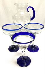 Collection Of 4 Pieces Hand-blown Clear Glass W/ Cobalt Blue Trim