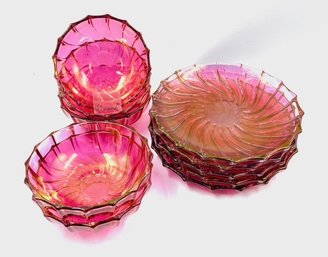 Vintage Cranberry Swirl Flash Glass Luncheon Dishware - 10 Pieces