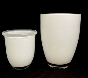 2 Complimentary Contemporary White Glass Vases