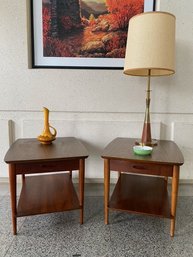 Pair Of Vintage Lane 2 Tier Walnut End Tables W/ Single Drawer