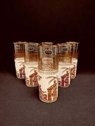 Set Of 6 Vintage New Old Stock Hand-blown Varzesa Grecian Motif Cooler Glasses