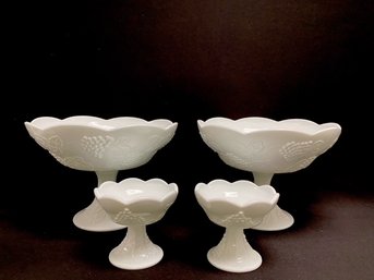 Vintage Milk Glass Pedestal Compotes W/ Matching Pedestal Candlestick Holders