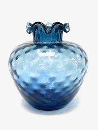 Vintage Handblown Montana Blue Dot Optic Glass Vase W/ Ruffled Top