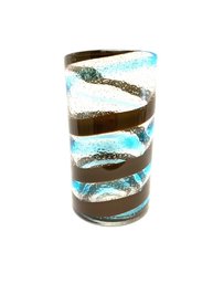 Unique Handblown Blue & Dark Brown Swirl Cylinder Vase