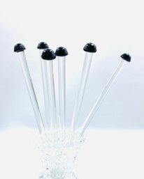 Set Of 6 Hand-blown Glass Black Mushroom Swizzle Sticks