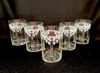 Set Of 5 Vintage Frosted Grapes & Column Pattern Low Tumblers