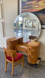 Early 20th Century Art Deco Vanity W/ Chair & Round Mirror