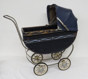 Art Deco Era South Bend Toy Company Wooden Bodied Doll/Baby Stroller W/Canvas Top, Wire Wheels