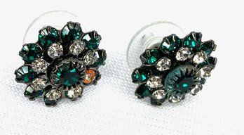 Sophisticated Emerald & Clear Rhinestone Stud Button Earrings