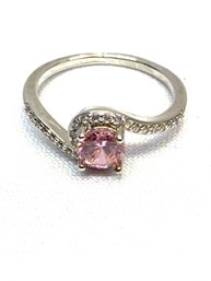 Silvertone Ladies Ring W/ Pink Stone - Size 9