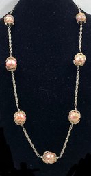 Beautiful Filigree Brass Necklace W/ Pink Wooden Beads