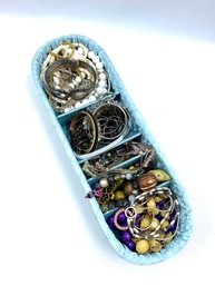 Light Blue Colored Quilted Jewelry Tray Filled W/ Wearable/sellable Costume Jewelry