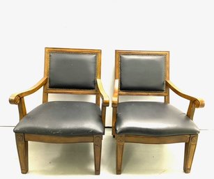 Pair Of Vintage Wooden Arm Chairs W/ Faux Leather Upholstery