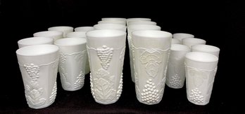 Large 22 Piece Vintage Grapes & Leaves Pattern Milk Glass Barware Collection